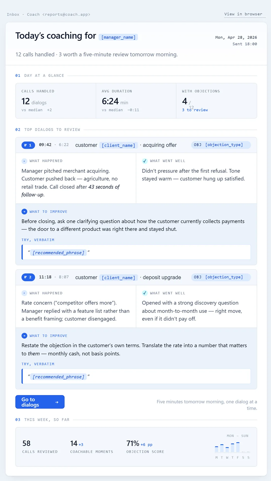 Mock-up of an email report: a header with date and manager, a short description of the analyzed call, sections for what worked and what didn't, a list of concrete recommendations with alternative phrasings.